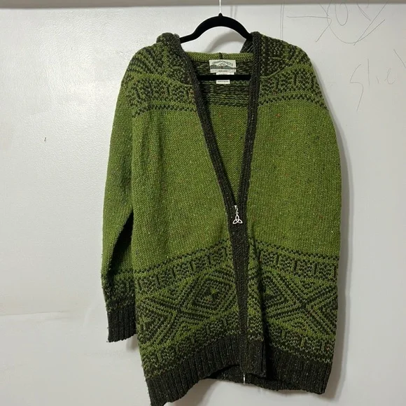 Aran Craft Wool Long Intarsia Zip Cardigan Green Size XL - Picture 2 of 6